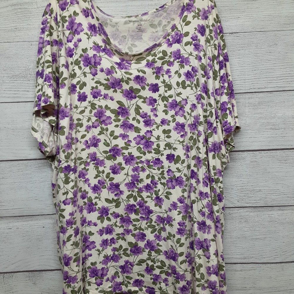 Woman Within White w/ Purple Flowers Short Sleeve Shirt 5X